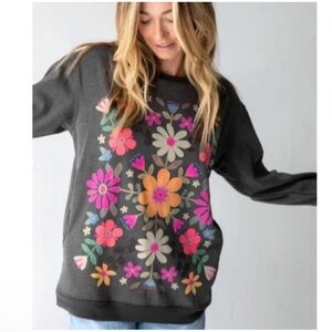 Natural Life Comfy Pocket Floral Sweatshirt Sz L Folk Flower Bright Cottage Boho